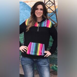 Women’s Crazy Train Colorful Pullover Striped Black Hoodie- 25” pit to pit.